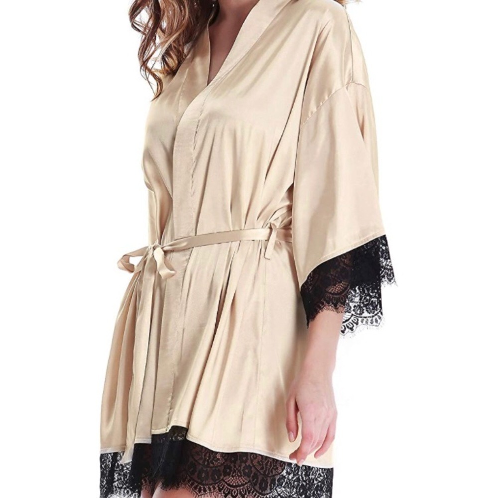Hodo Women's Satin Lace Robe Kimono‎ Sleepwear Tan Size S